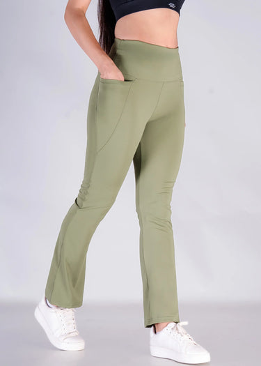 Golden olive flare pants for women, front view