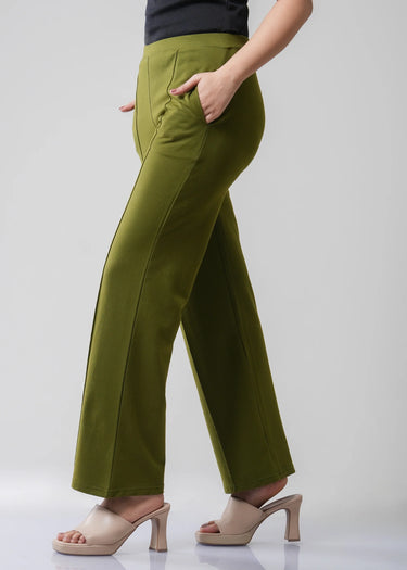 Dusk olive cotton trousers for women, wide leg