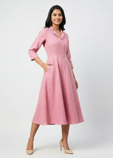 Women’s midi dress with lapel collar - Rosy Pink