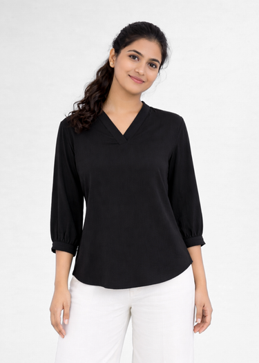 Black V-neck top for women in textured fabric