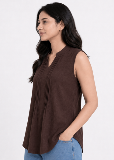 Cocoa brown sleeveless mandarin collar top for women