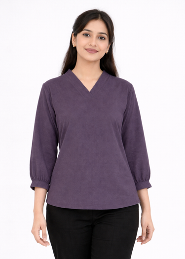 Smoky lavender V-neck top for women in textured fabric