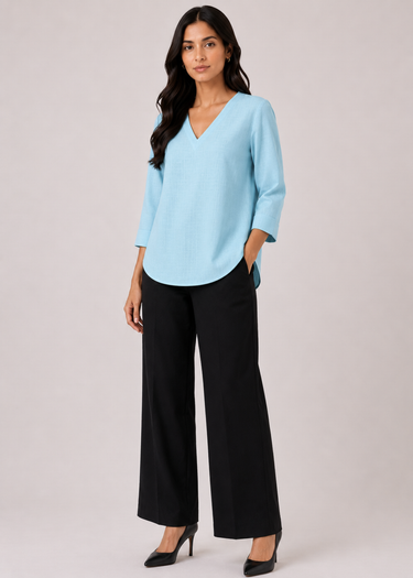 Aqua mist pure linen top for women, black trousers