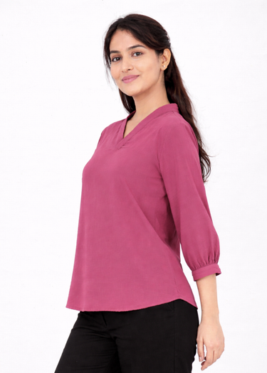 Berry pink V-neck top for women in textured fabric