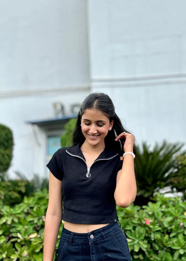 Black ribbed zip collar crop top, outdoor front view
