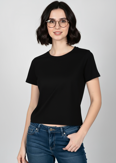Black everyday top for women, front view