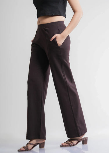 Brown cotton trousers for women, wide leg