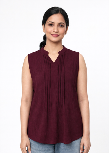 Burgundy plum sleeveless mandarin collar top for women