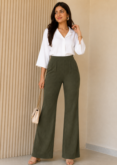 Dark olive wide leg trousers for women, white shirt