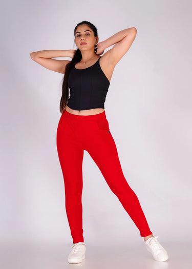 Deep red cotton legging for women, full-length view