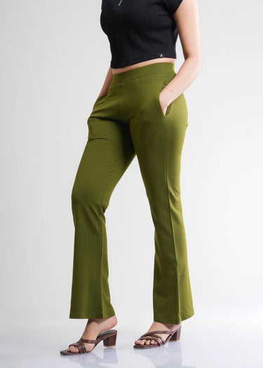 Dusk olive bootcut pants for women, angled front view