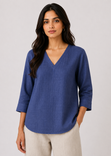 Dusty indigo pure linen top for women, front view