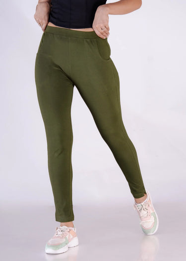 Earthy olive cotton legging for women, angled front view