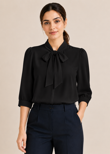 Flurr black bow tie neck top, front view