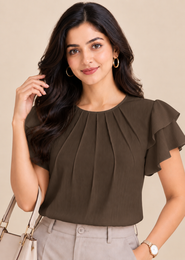 Chocolate brown pleated top for women, front view