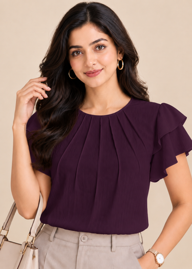 Dark purple pleated top for women, front view