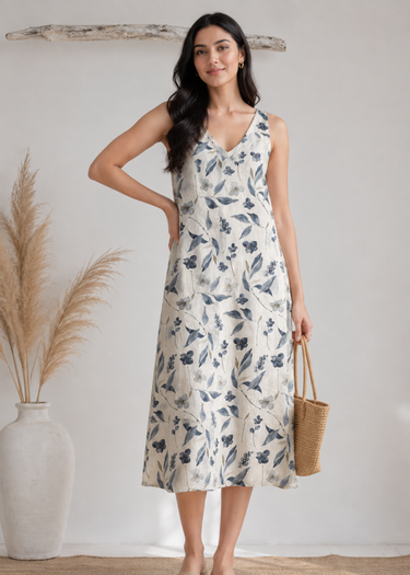 Blue floral linen dress for women, front view