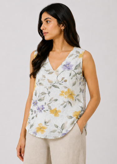 Ivory linen top with yellow floral print, front view
