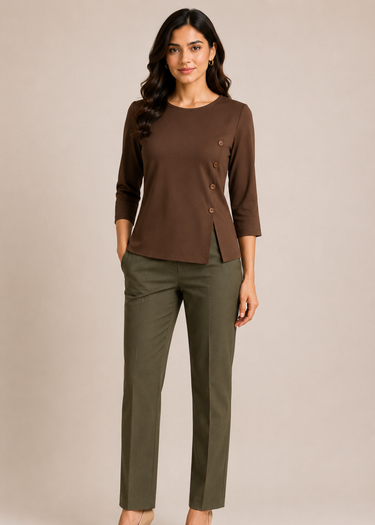 Brown asymmetric top for women, front view