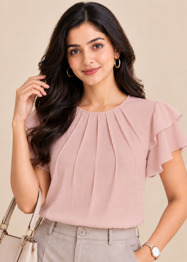 Soft pink pleated top for women, front view