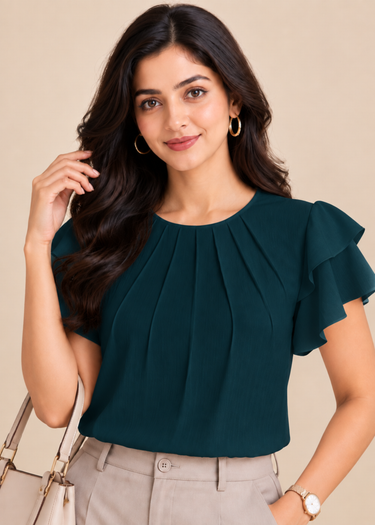 Teal blue pleated top for women, front view