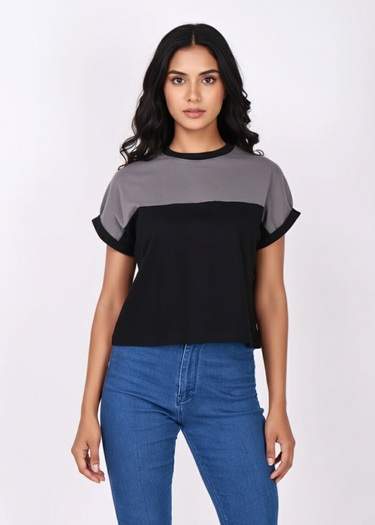 Grey-black boxy crop top for women, front view