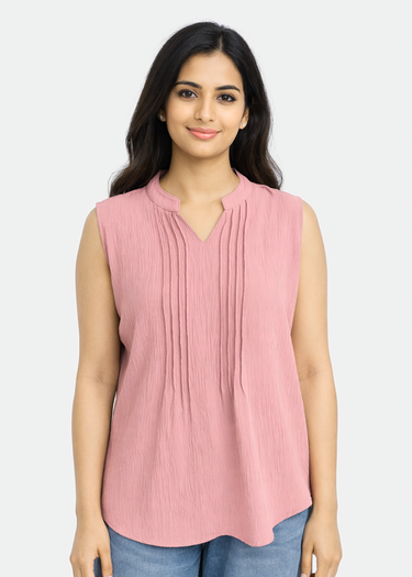 Light pink sleeveless mandarin collar top for women