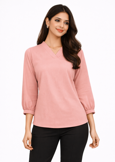 Light pink V-neck top for women in textured fabric
