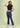 Navy flare pants for women, full-length view