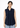 Navy mandarin collar top, front view with jeans