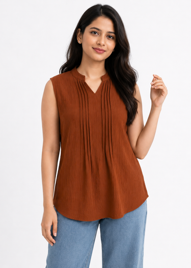 Rust sleeveless mandarin collar top for women