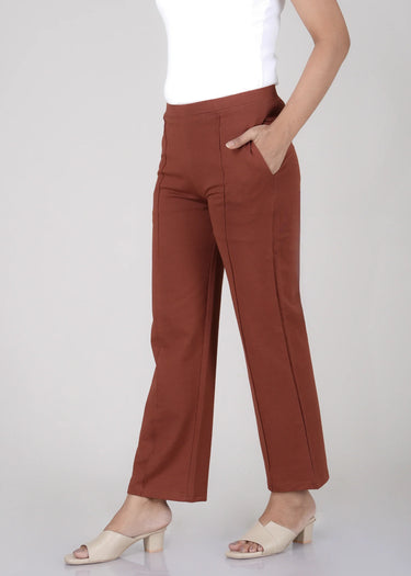 Rusty brown cotton trousers for women, wide leg