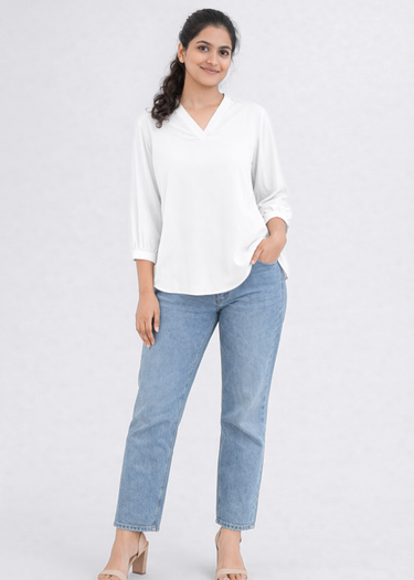 White V-neck top for women in textured fabric