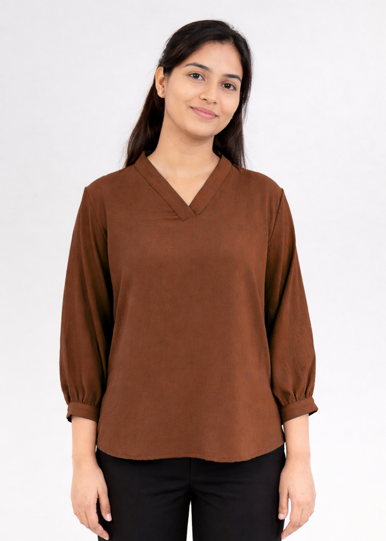 Rust Textured V Neck Top