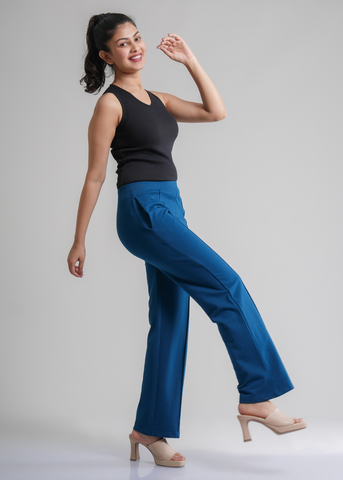 Cotton Pintuck Wide Flared Trousers