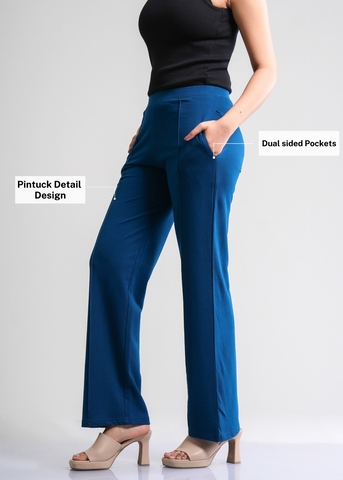 Cotton Pintuck Wide Flared Trousers