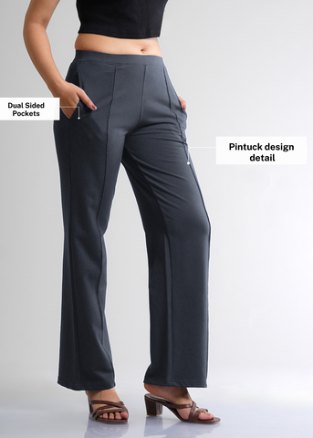 Cotton Pintuck Wide Flared Trousers