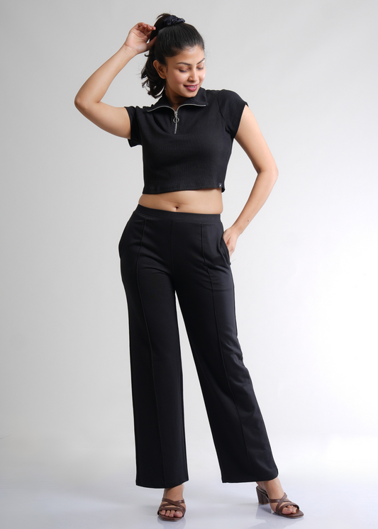 Cotton Pintuck Wide Flared Trousers