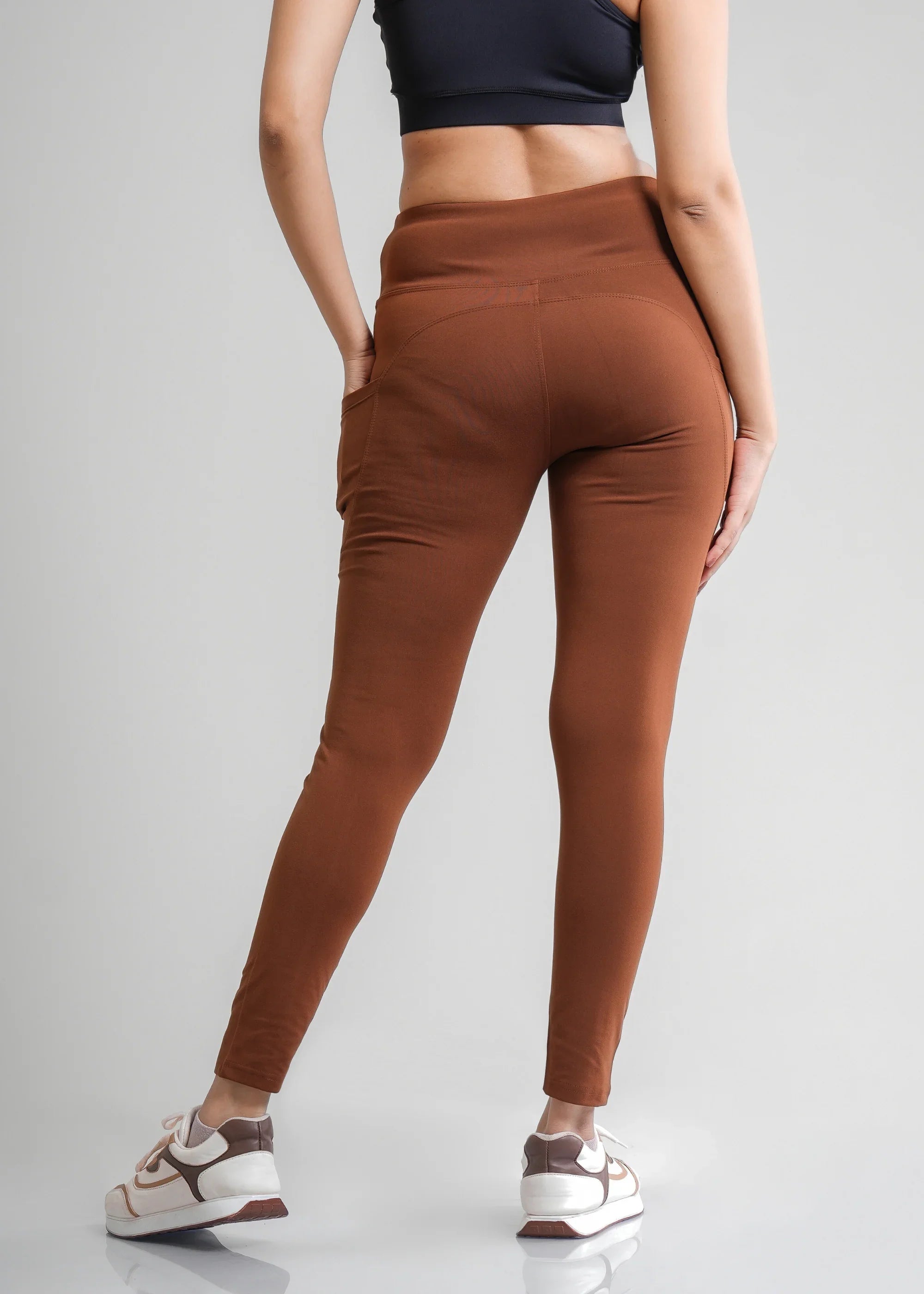 Rust Ribbed Tights Rust High Waist Everyday Tights with Pockets for Women | Flurr