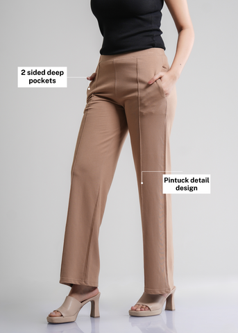 Cotton Pintuck Wide Flared Trousers