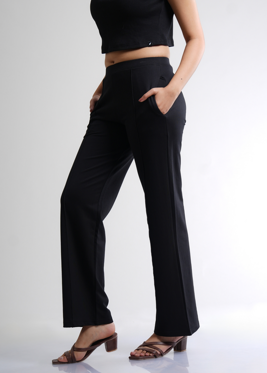 Cotton Pintuck Wide Flared Trousers