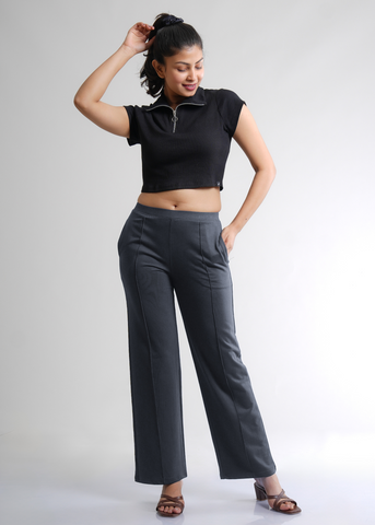 Cotton Pintuck Wide Flared Trousers