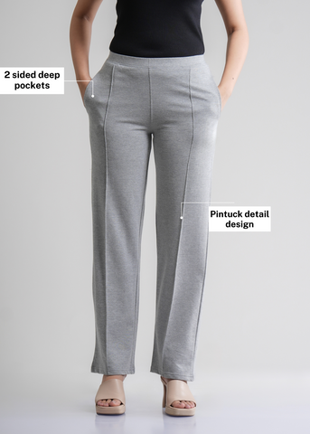 Cotton Pintuck Wide Flared Trousers