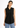 Black mandarin collar top, front view with jeans