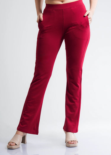 Cherry red bootcut pants for women, front view
