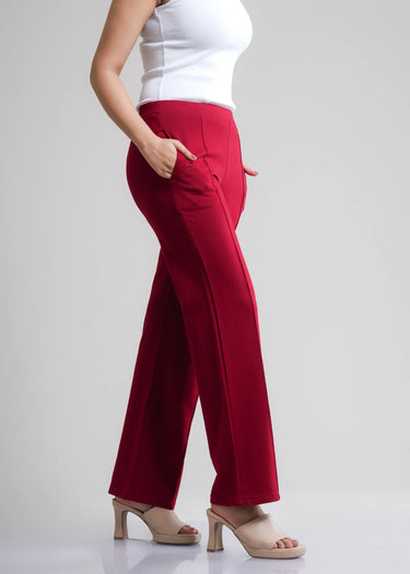 Cherry red cotton trousers for women, wide leg