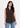 Cocoa brown mandarin collar top, front view with jeans