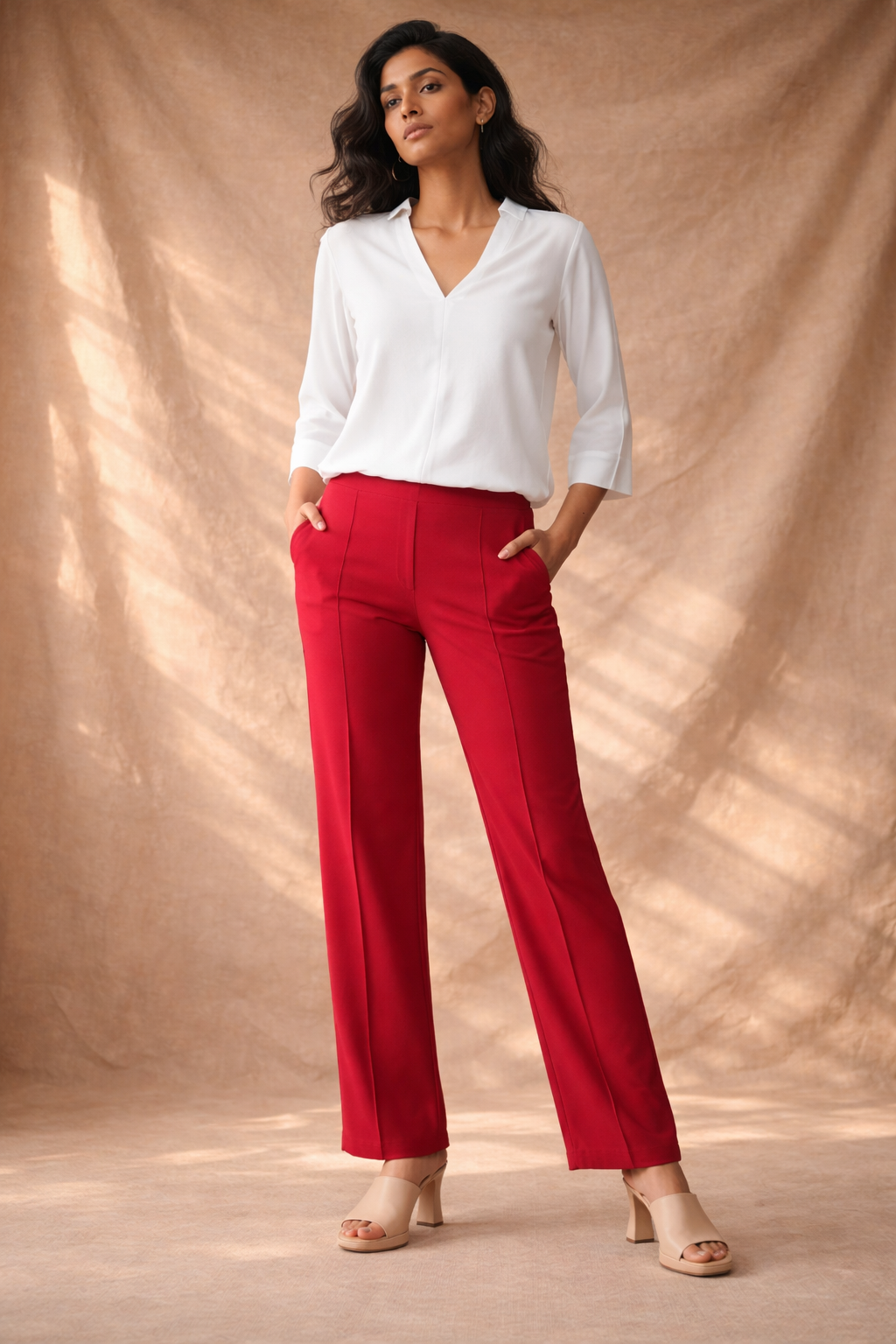 Woman in white top and red trousers – Effortless. Elevated. Everyday. Shop Workwear and Activewear at Flurr
