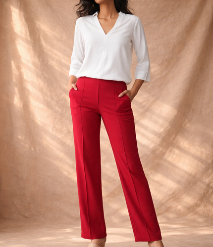 Woman in white top and red trousers – Effortless. Elevated. Everyday. Shop Workwear and Activewear at Flurr
