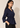 Angled view of the navy blue Waist Tie-up Shirt Top showing the notched collar, three-quarter sleeves and front waist tie.